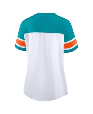 Women's White/Aqua Miami Dolphins Athena Rhinestone Lace-Up V-Neck T-Shirt