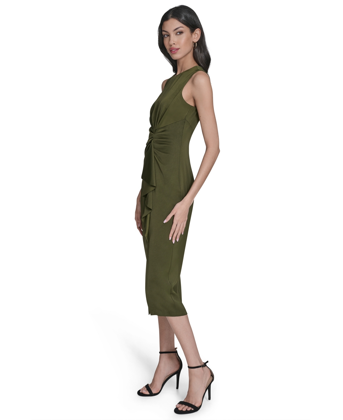 Vince Camuto Petite Satin Sleeveless Draped Midi Dress In Green