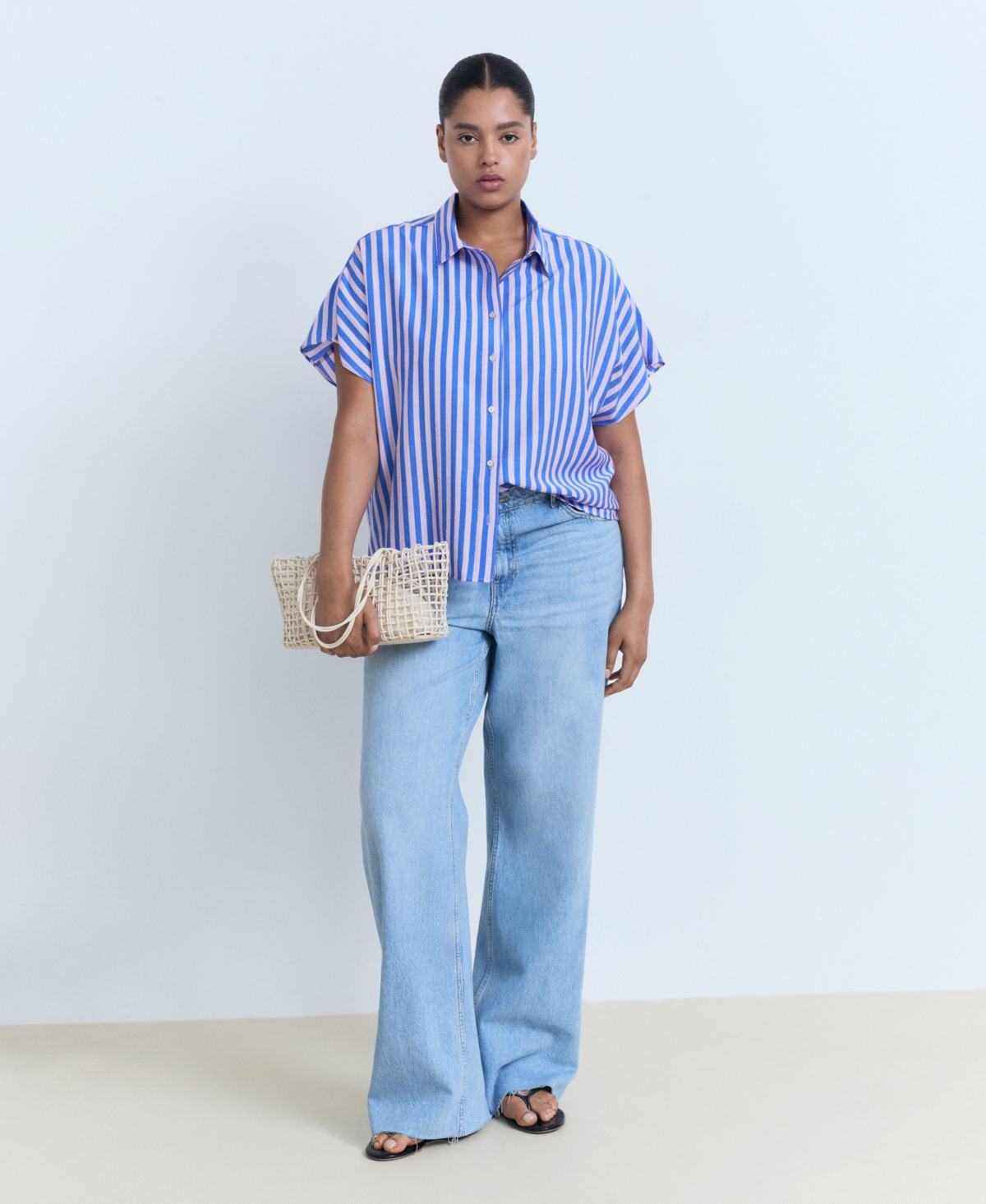 Mango Stripe Short Sleeve Button-up Shirt In Blue