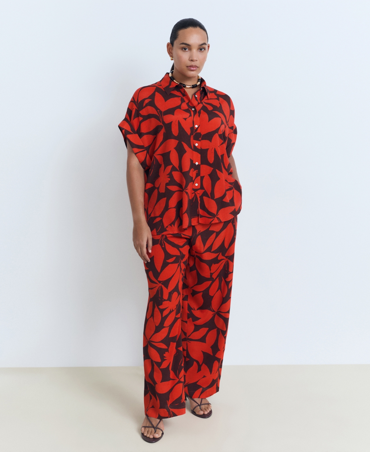 Mango Floral Short Sleeve Button-up Shirt In Red