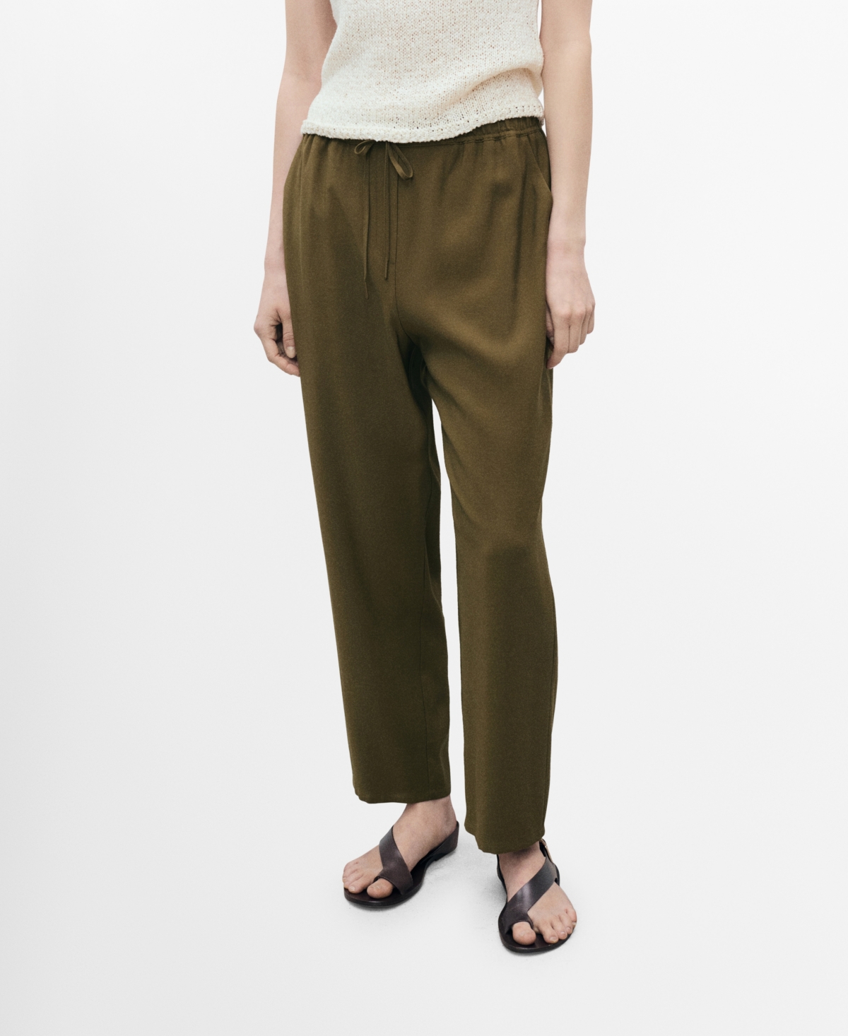 Mango Elastic Waist Flowy Pants In Green