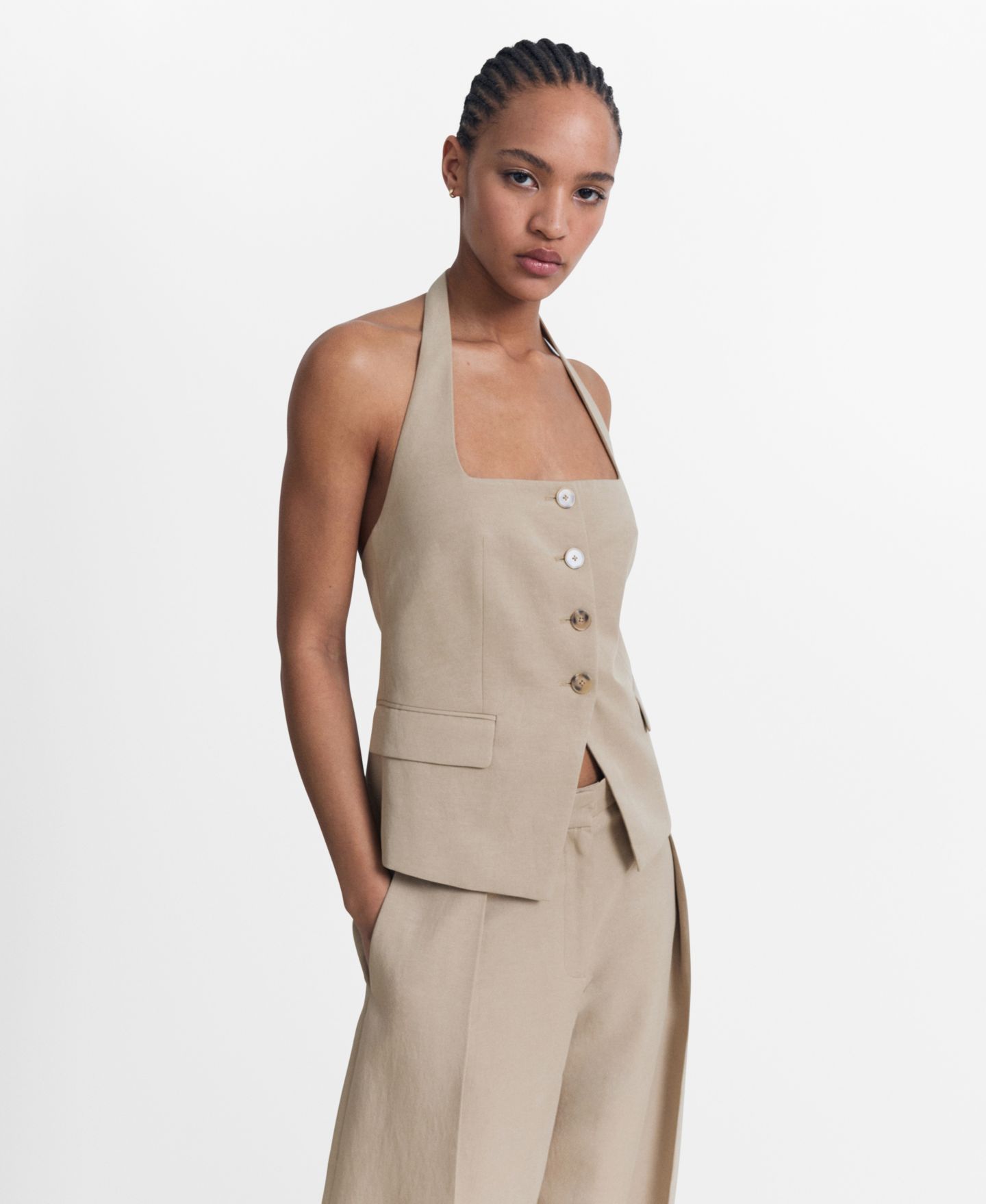 Женский жилет Mango Linen Suit Vest, цвет: Средний коричневый — фото 6