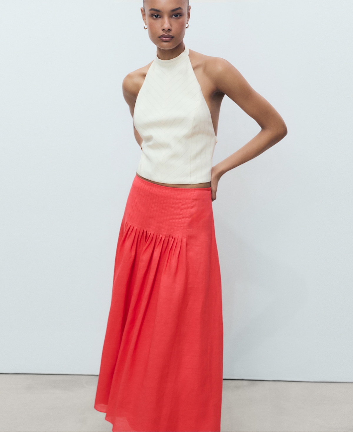 Mango Pleated Ramie Midi Skirt In Red