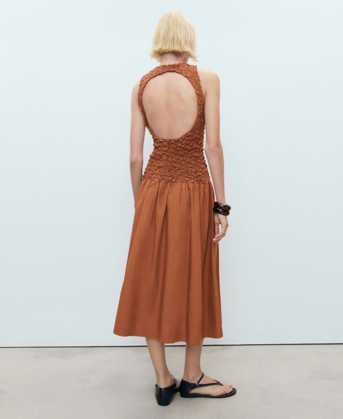 Mango Textured Bodice Open Back Sundress In Brown