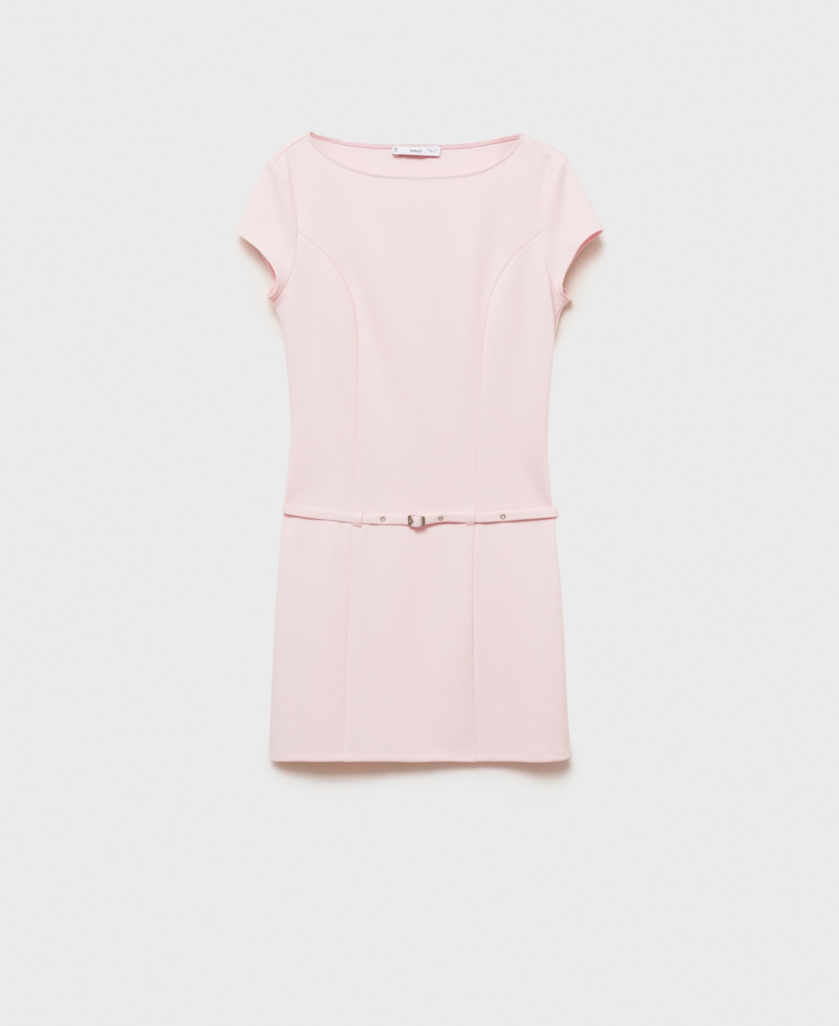 Mango Slash Neck Short Sleeve Mini Dress With Micro Belt Waist In Pink