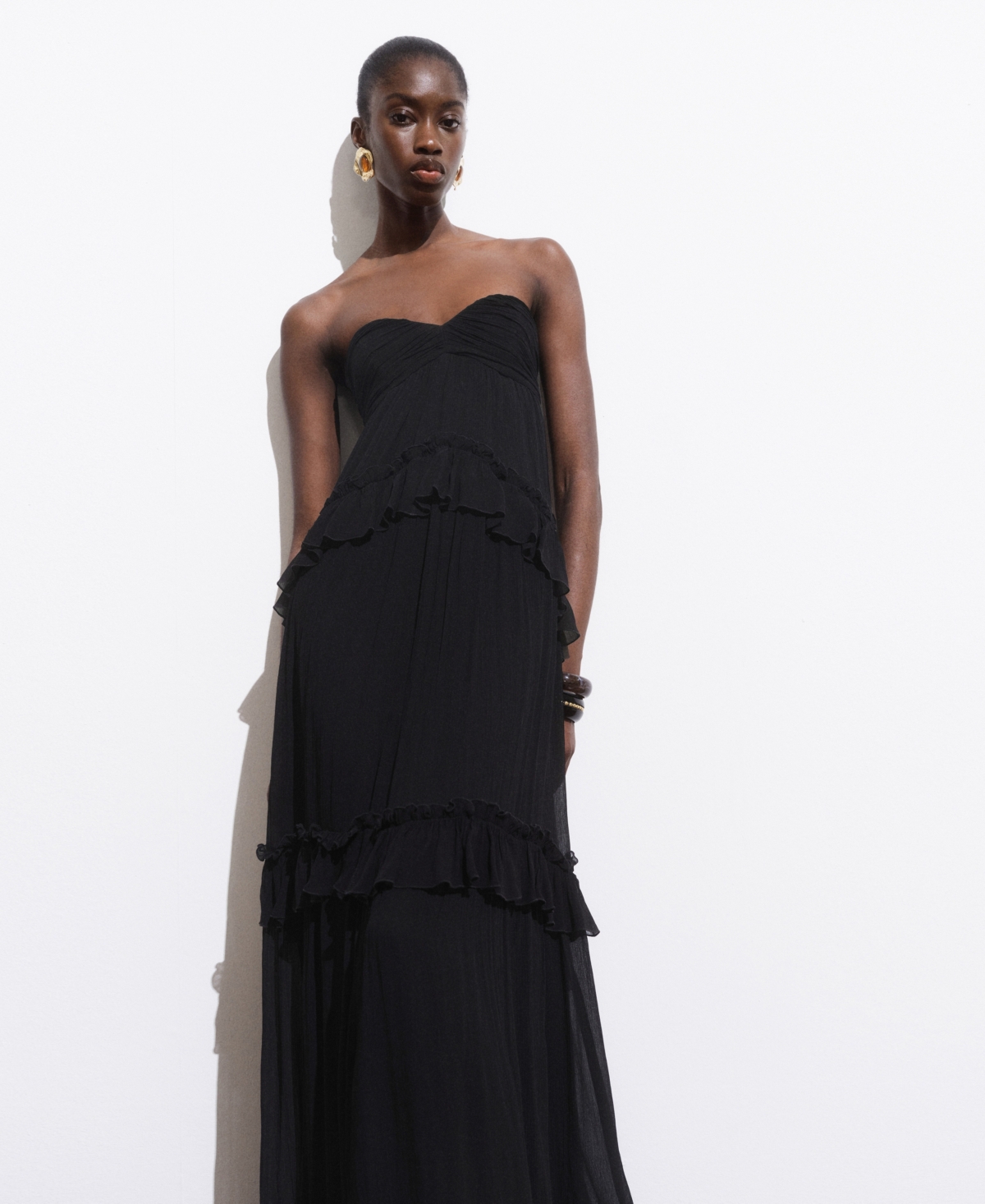 Mango Strapless Ruffle Maxi Dress In Black