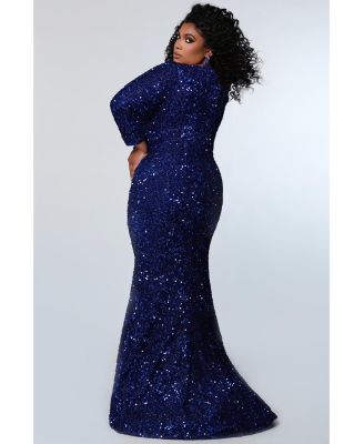 Women's Long Sleeve Fitted Scoop Neck Sequin Plus Size Gown