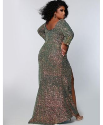 Women's Fitted V-Neck Multi-Dimensional Sequin Long Sleeve Plus Size Gown