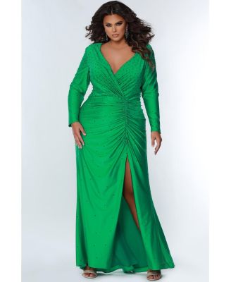 Women's Fitted Long Sleeve V-Neck Ruched Plus Size Gown