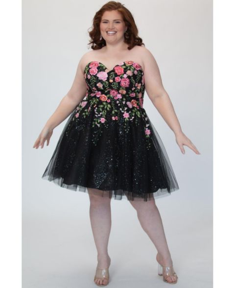 Женское платье Sydney's Closet Plus Size Strapless Floral Embroidered Sparkle Tulle Short Party, цвет: Чёрный с принтом