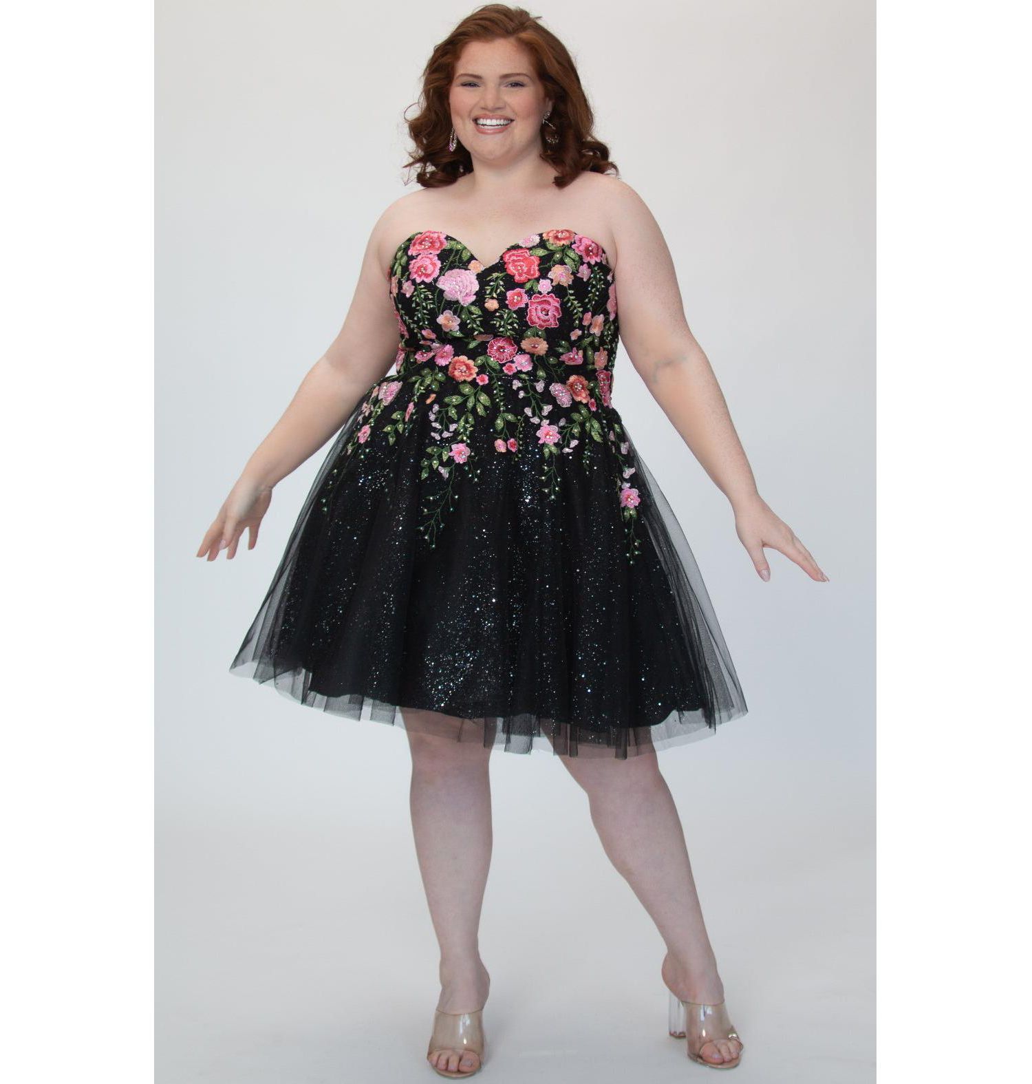 Plus Size Strapless Floral Embroidered Sparkle Tulle Short Party Dress