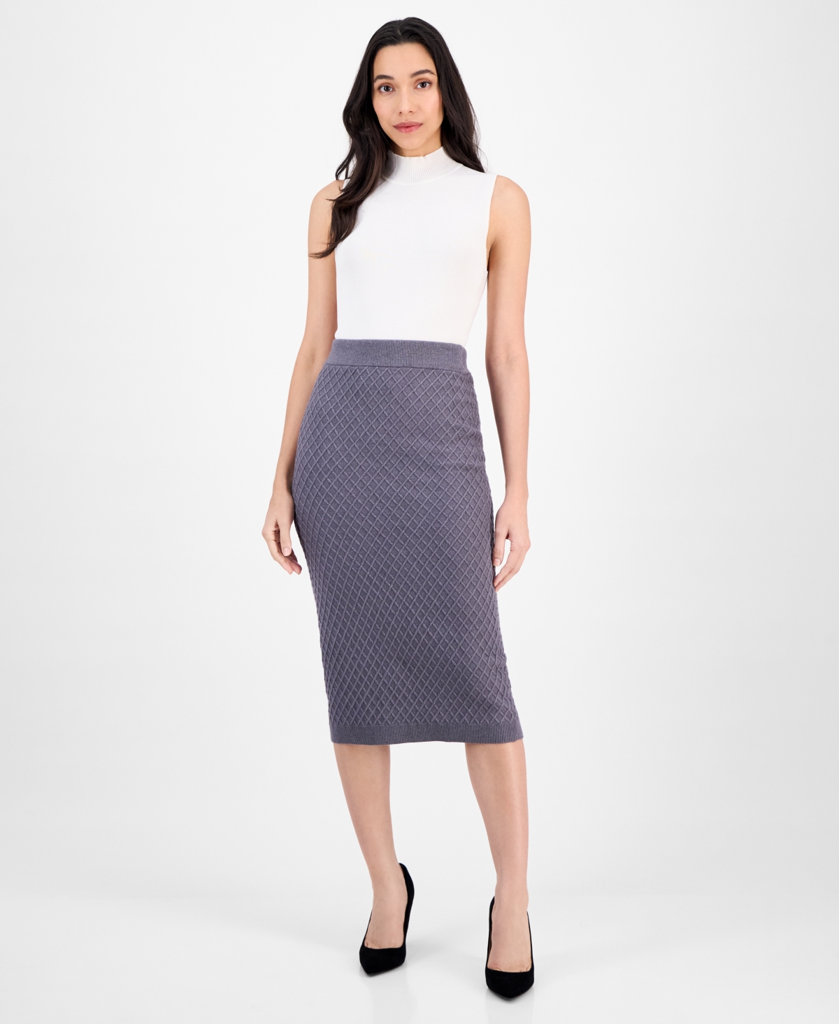 Anne Klein Women's Pull-on Cable-stitch Midi Skirt In Gray