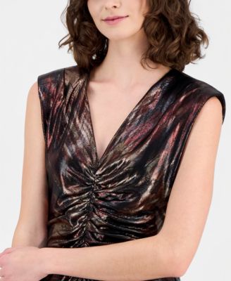 Women's Printed Metallic Sleeveless Midi Dress