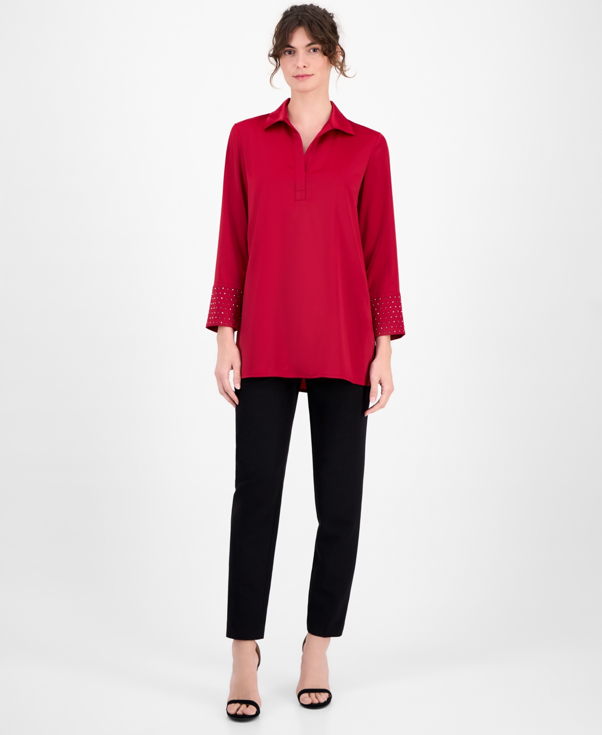 Anne Klein Plus Size Satin-collar Embellished-cuff Tunic In Red