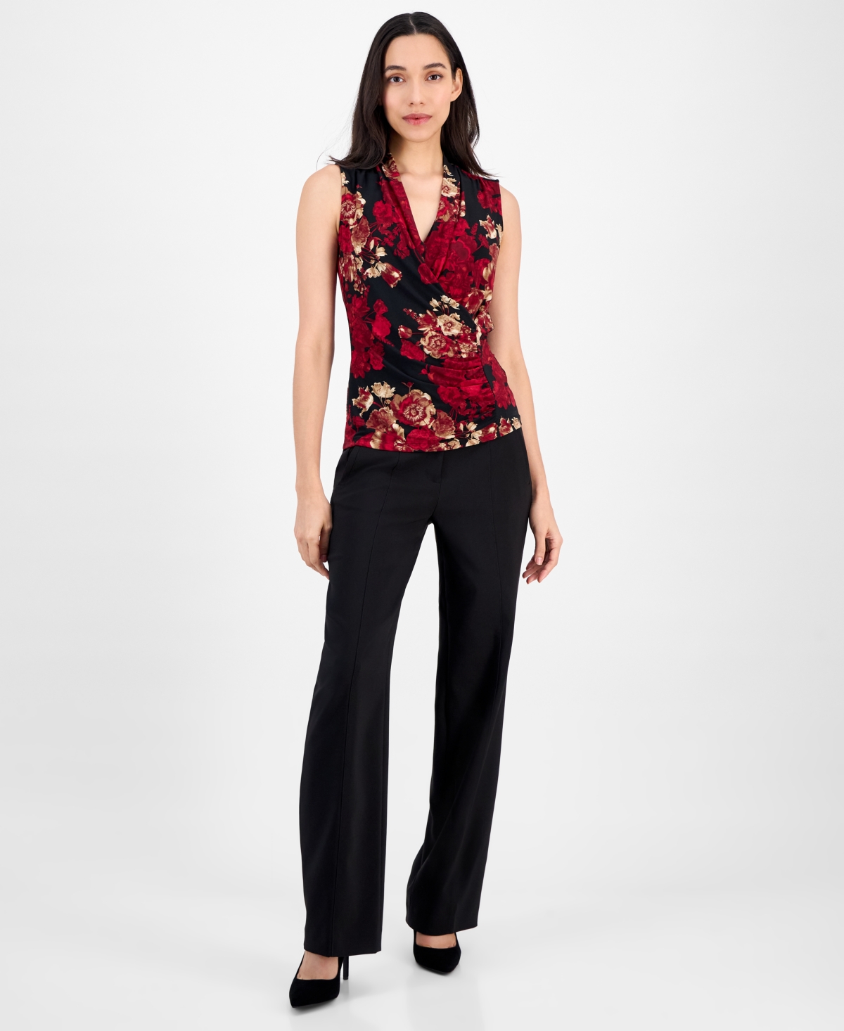 Anne Klein Floral Print Ruched Sleeveless Top In Multi
