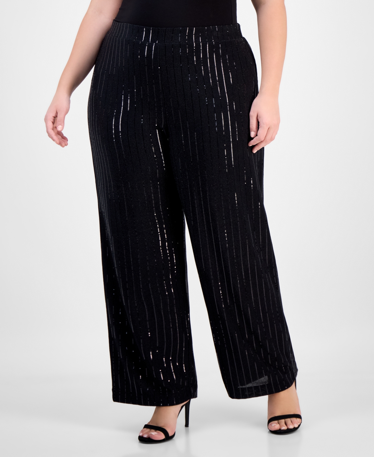 Anne Klein Plus Size Sequin Pinstripe High-rise Wide-leg Pants In Black