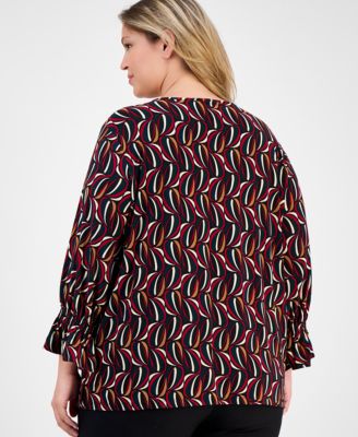Plus Size Printed 3/4-Sleeve Keyhole Blouse