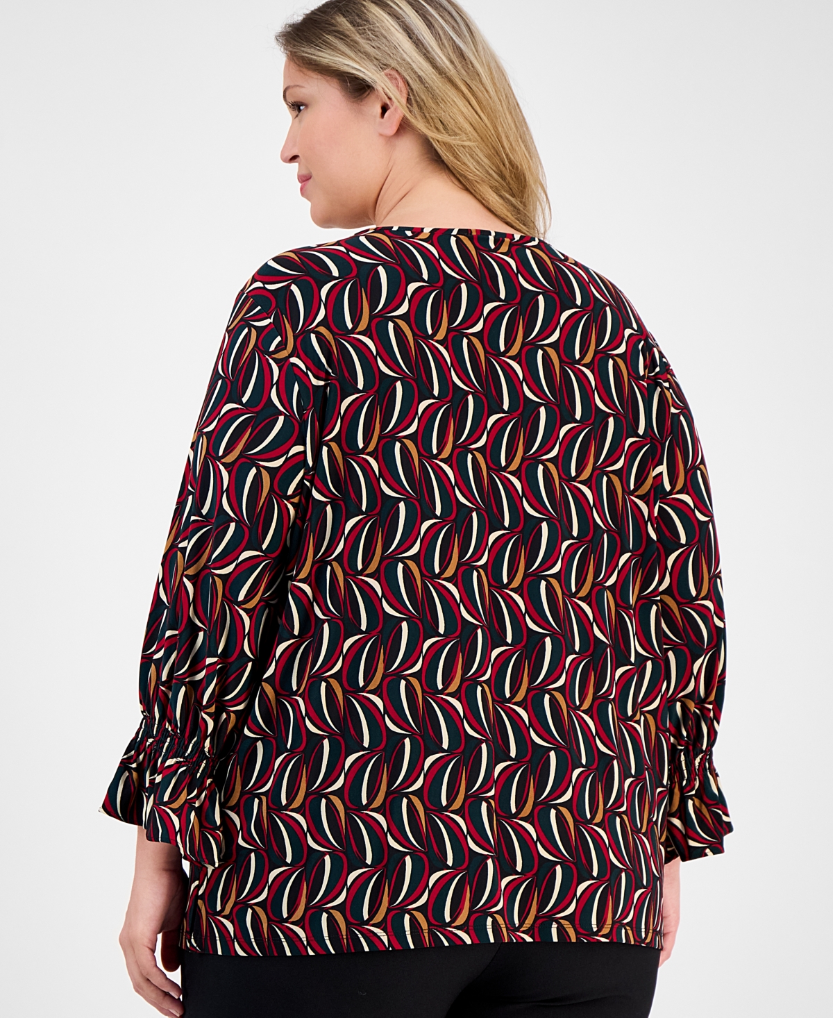 Ak Anne Klein Plus Size Printed 3/4-sleeve Keyhole Blouse In Brown