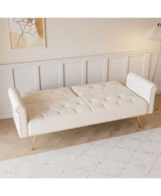 Beige Velvet Sofa Bed with Nailhead Trim & Throw Pillow
