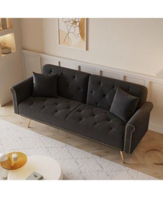 Black Velvet Sofa Bed with Nailhead Trim & Pillow