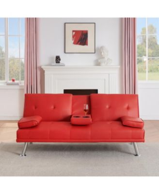 Red Leather Double Folding Sofa Bed with Table