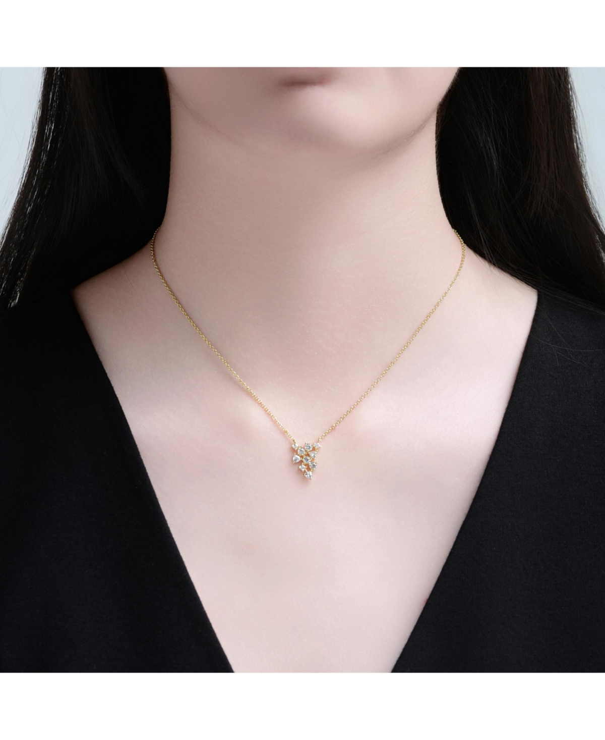 Genevive Sterling Silver 14K Gold Plated with Clear Cubic Zirconia Cluster Statement Necklace