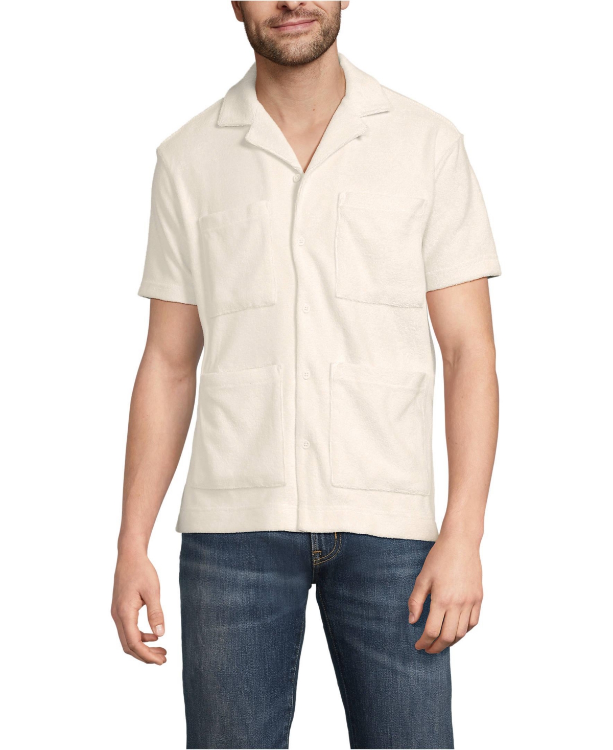 Men's Short Sleeve Textured Terry Camp Collar - Antique alabaster
