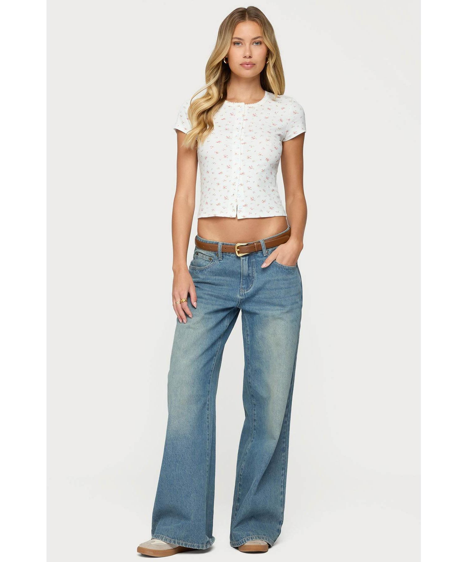 Women's Odella Floral Ribbed Button Up Top