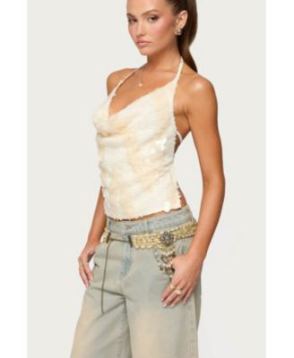 Womens Reid Backless Sequin Cowl Neck Top