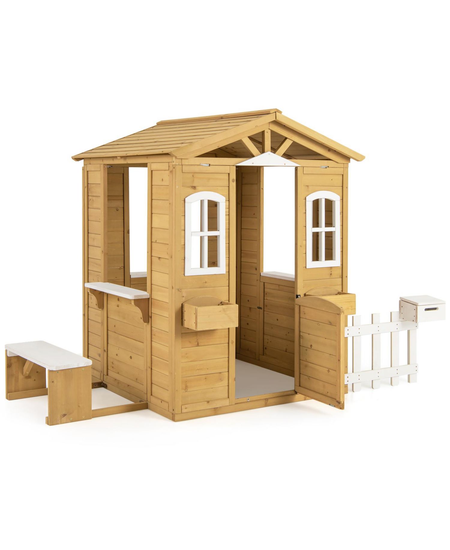 Wood Playhouse for Kids Outdoor Adventures Cottage w/ Bench Play Game Center