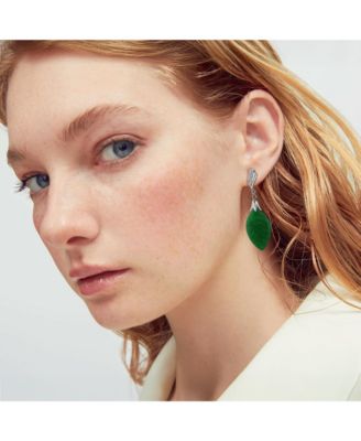 Native American Inspired Carved Leaf Green Dangle Drop Earrings Western Jewelry .925 Sterling Silver