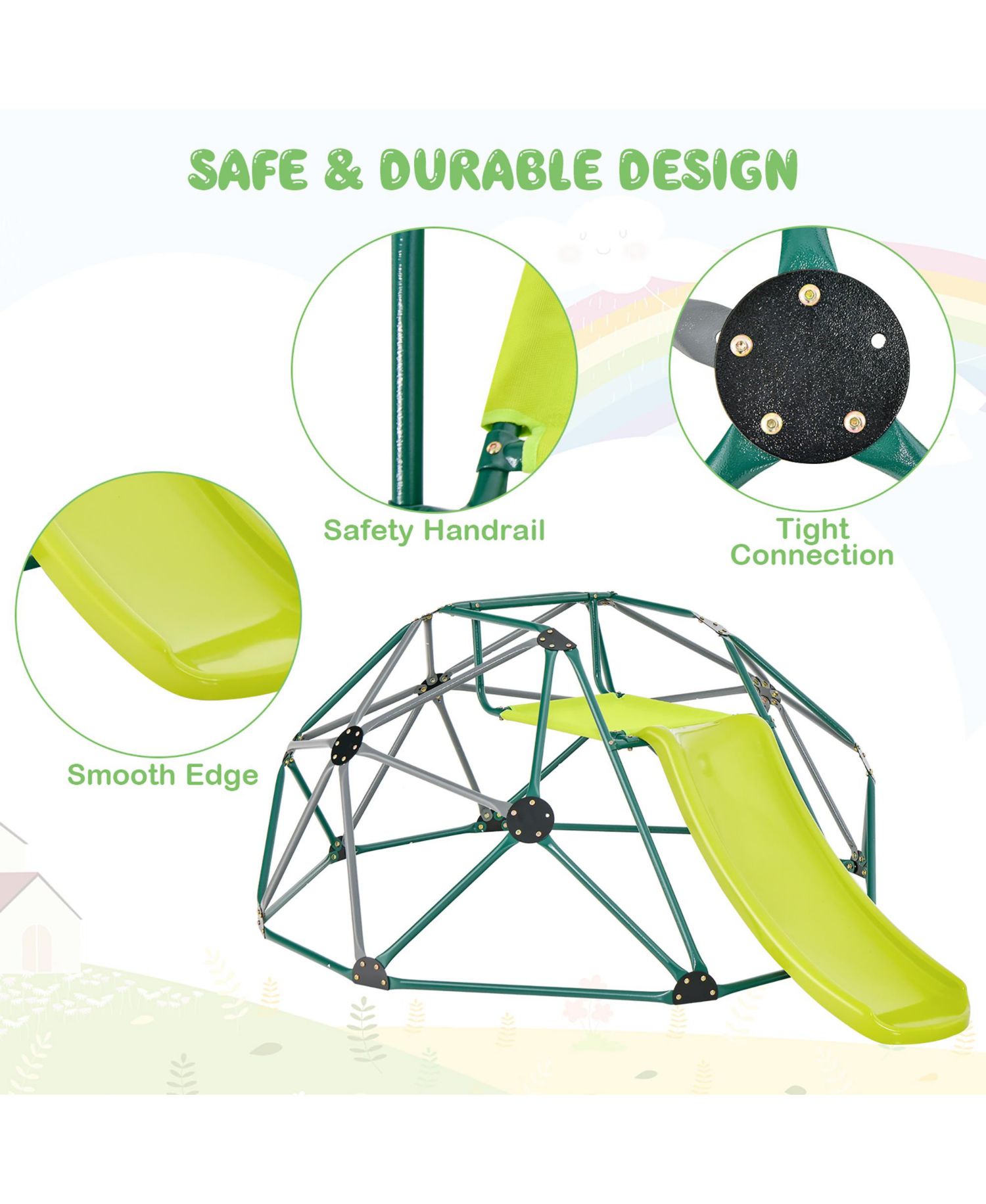 8FT Climbing Dome w/ Slide Outdoor Kids Jungle Gym Dome Climber Green and Gray