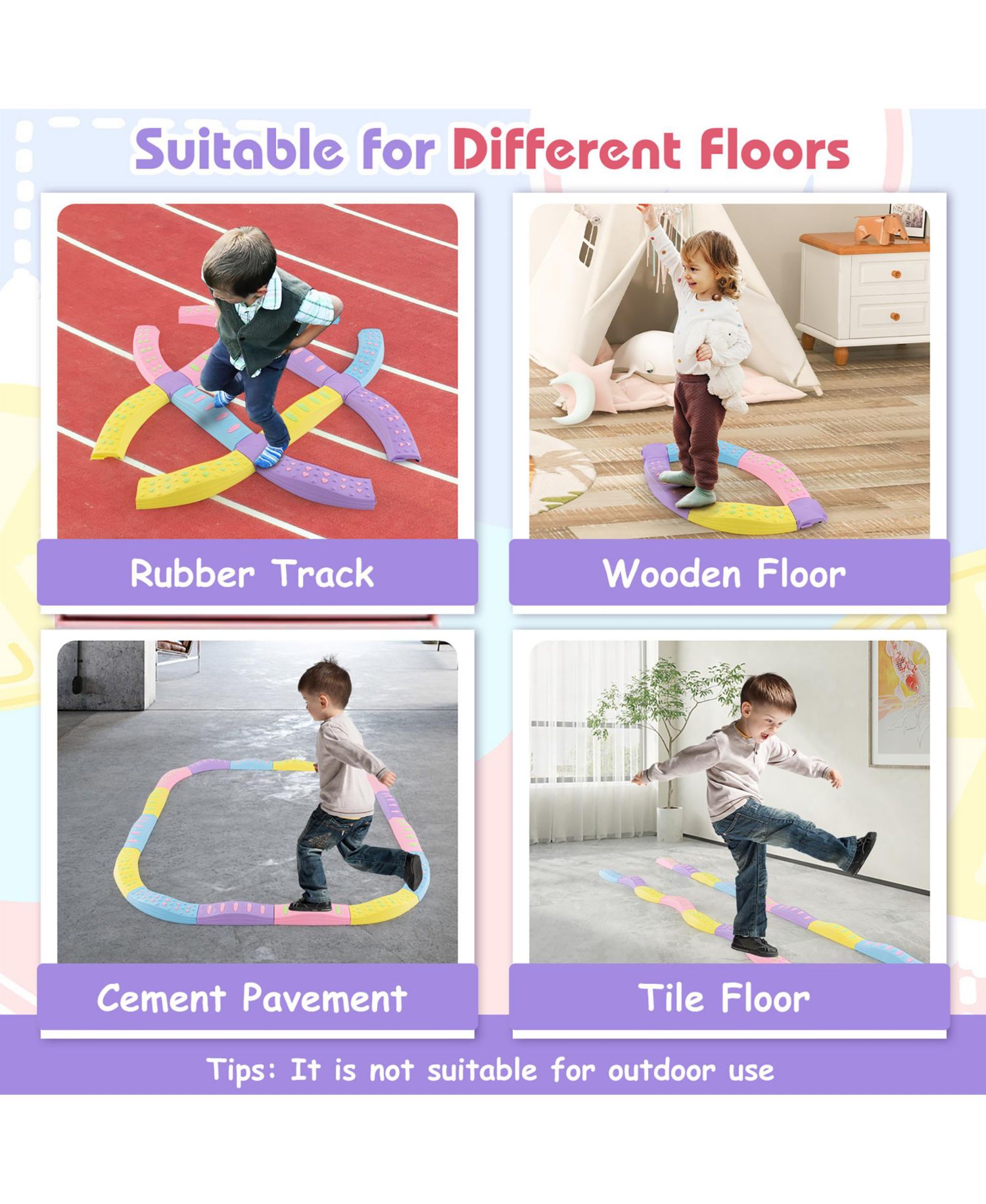 Balance Beams for Kids w/ Non-slip Textured Surface Bottom Pad Multicolor
