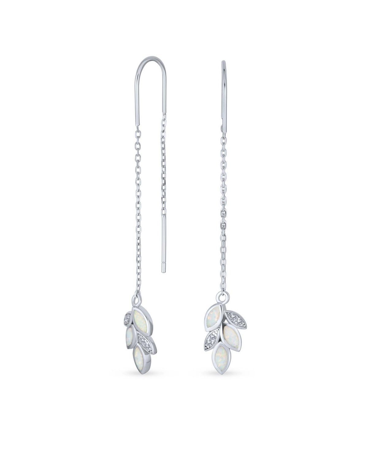 Leaf Feather White Iridescent Created Opal Inlay Long Chain Dangle Threader Earrings Sterling Silver - Clear