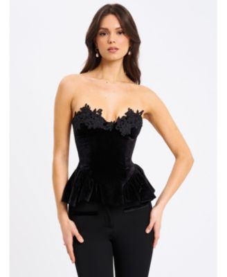 Women's Qiara Black Velvet Peplum Top with Lace Trim