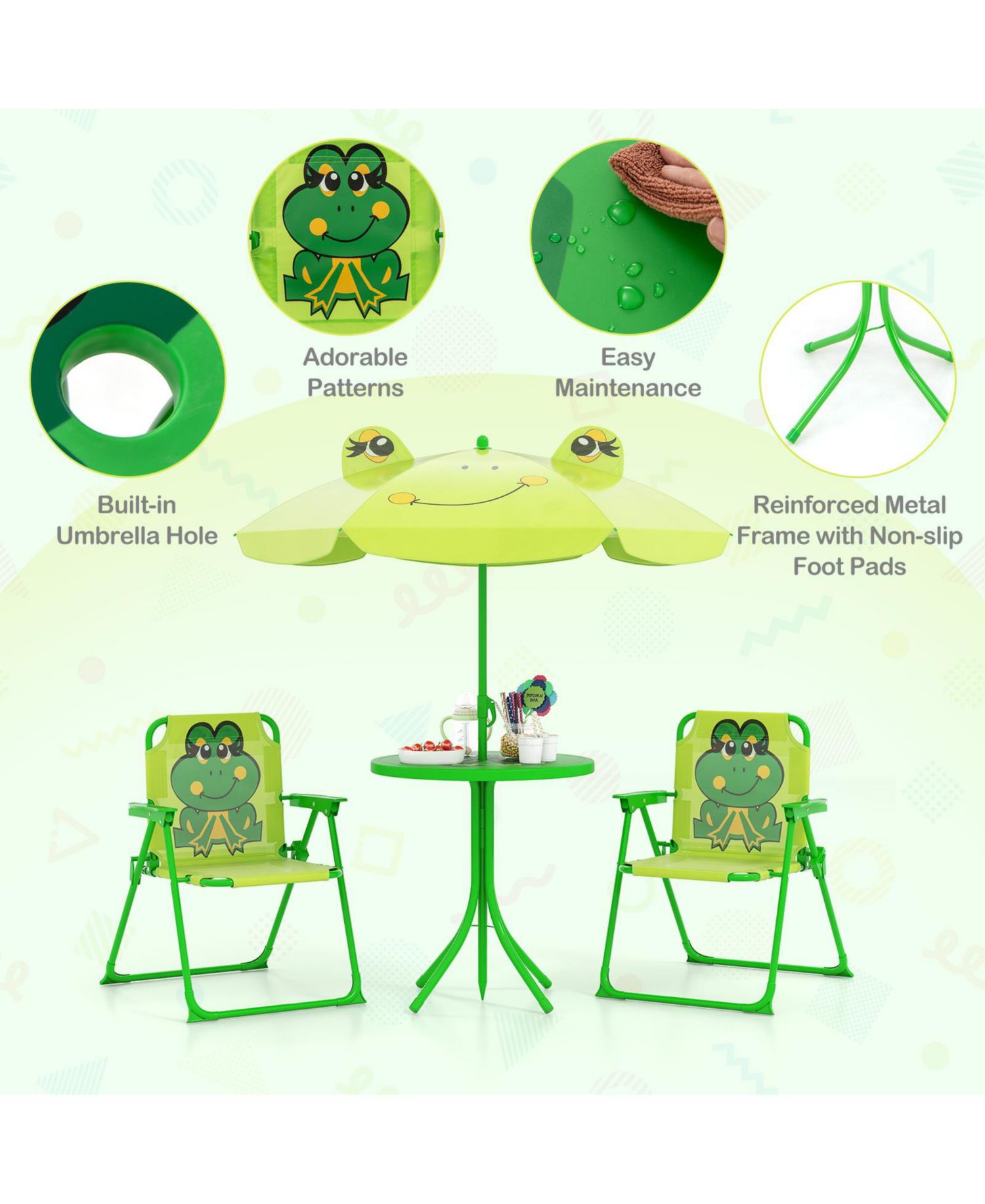 Kids Picnic Table and Chair Set w/ 2 Folding Chairs and Height Adjustable Umbrella