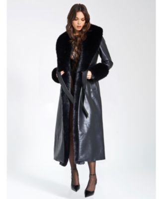 Women Zaida Black Faux Fur Trim Black Faux Leather Coat