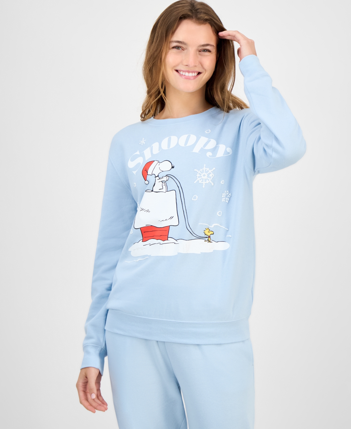 Love Tribe Juniors' Snoopy Holiday Graphic Cotton Sweatshirt In Blue