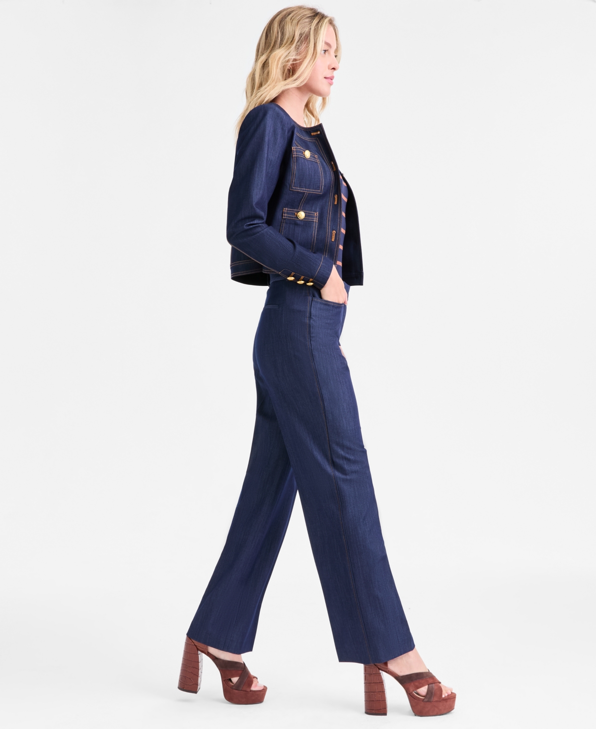 Tahari Asl Women's High-rise Press-pleat Denim Pants In Blue