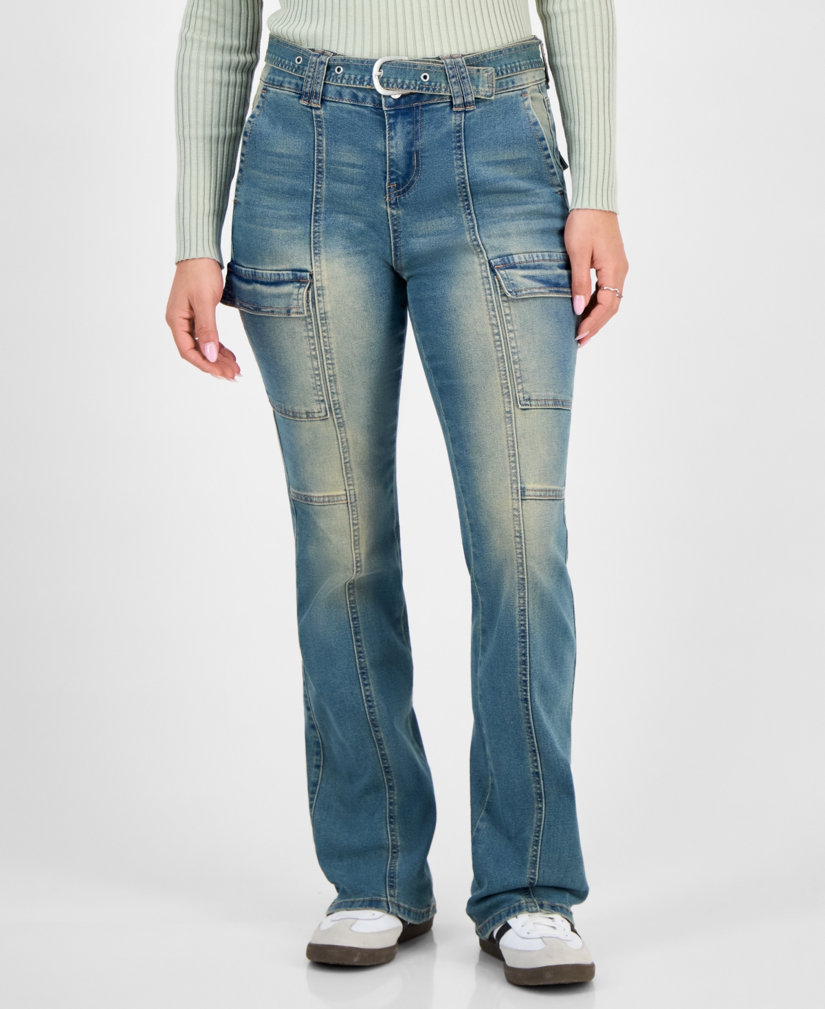 Madden Girl Juniors' Belted Cargo Bootcut Jeans In Blue