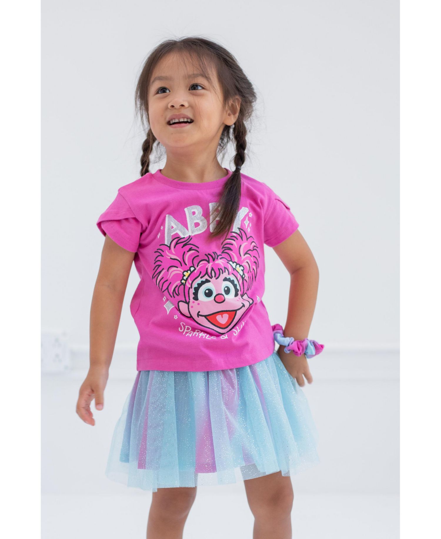 Baby Girls Elmo Abby Cadabby T-Shirt Tulle Skirt and Scrunchie 3 Piece Outfit Set to