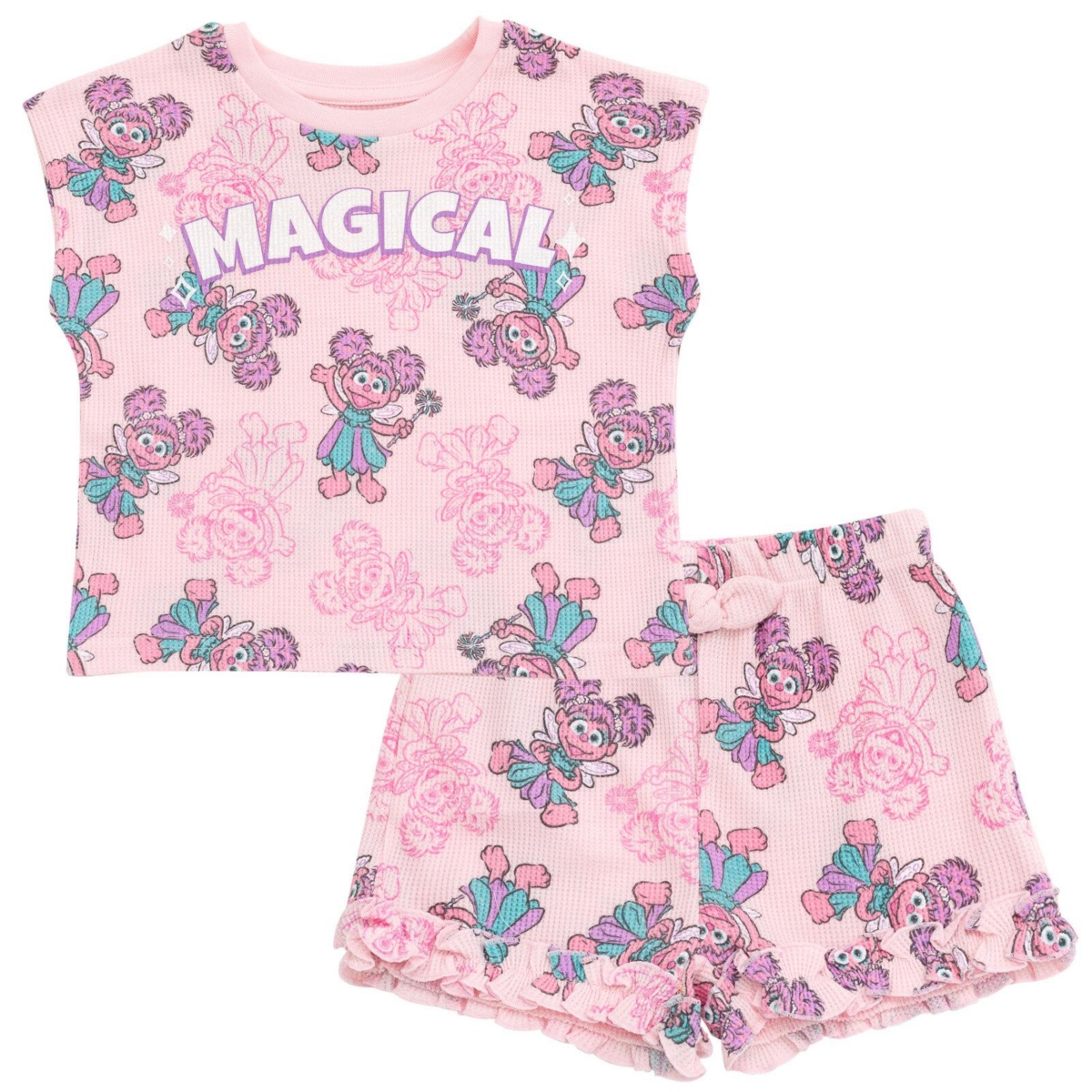 Sesame Street Baby Girls' Abby Cadabby Waffle-Knit Short-Sleeve Ruffled-Trim T-Shirt and Shorts, 2-Piece Set