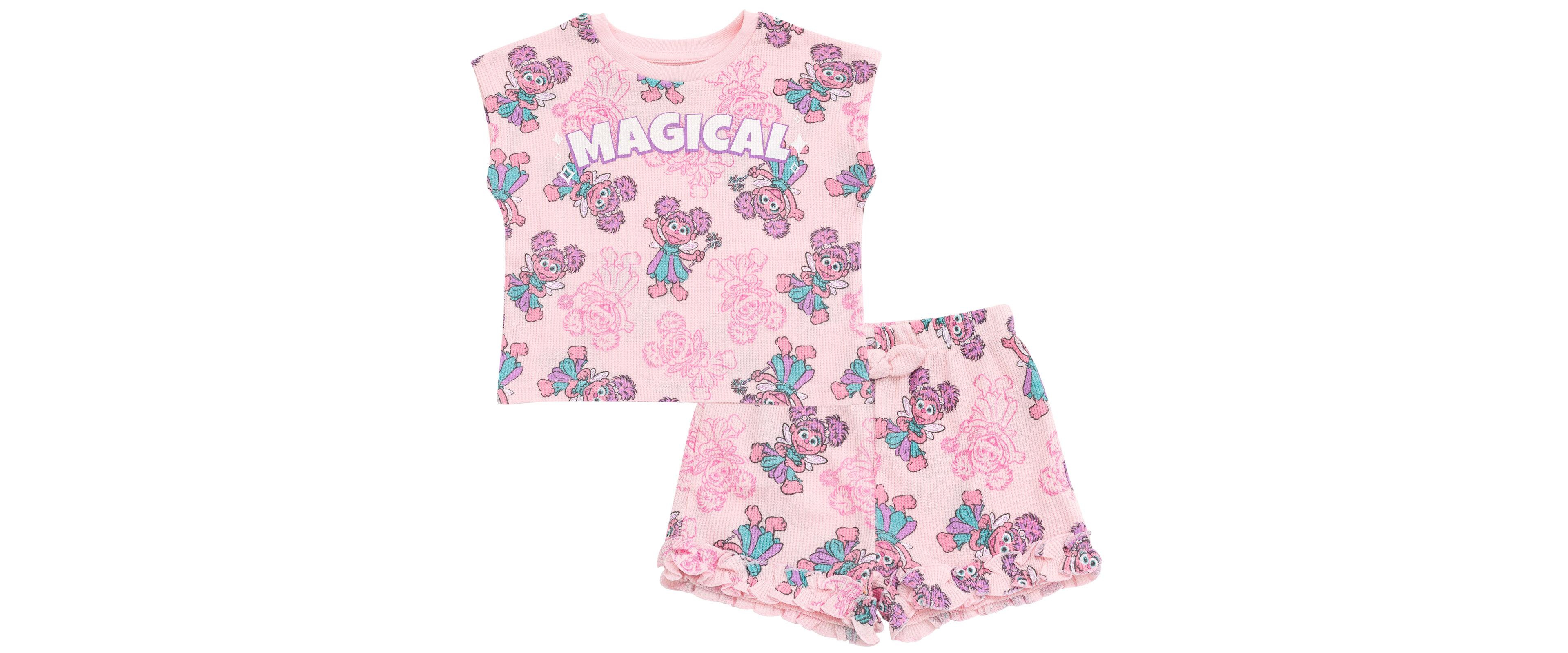 Sesame Street Baby Girls' Abby Cadabby Waffle-Knit Short-Sleeve Ruffled-Trim T-Shirt and Shorts, 2-Piece Set