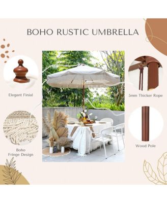 7' Patio Beige Umbrella with Tassels UPF50+ Boho Style 5-Year-Non-Fading for Outdoor,Model:BH7W-01P