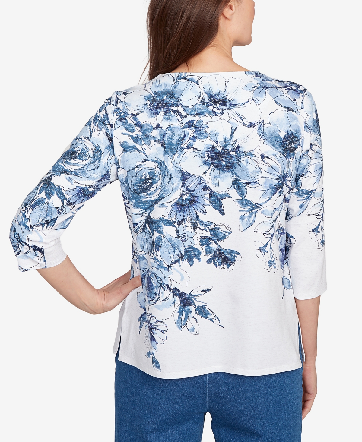 Alfred Dunner Petite Floral Split Beaded Top In Blue