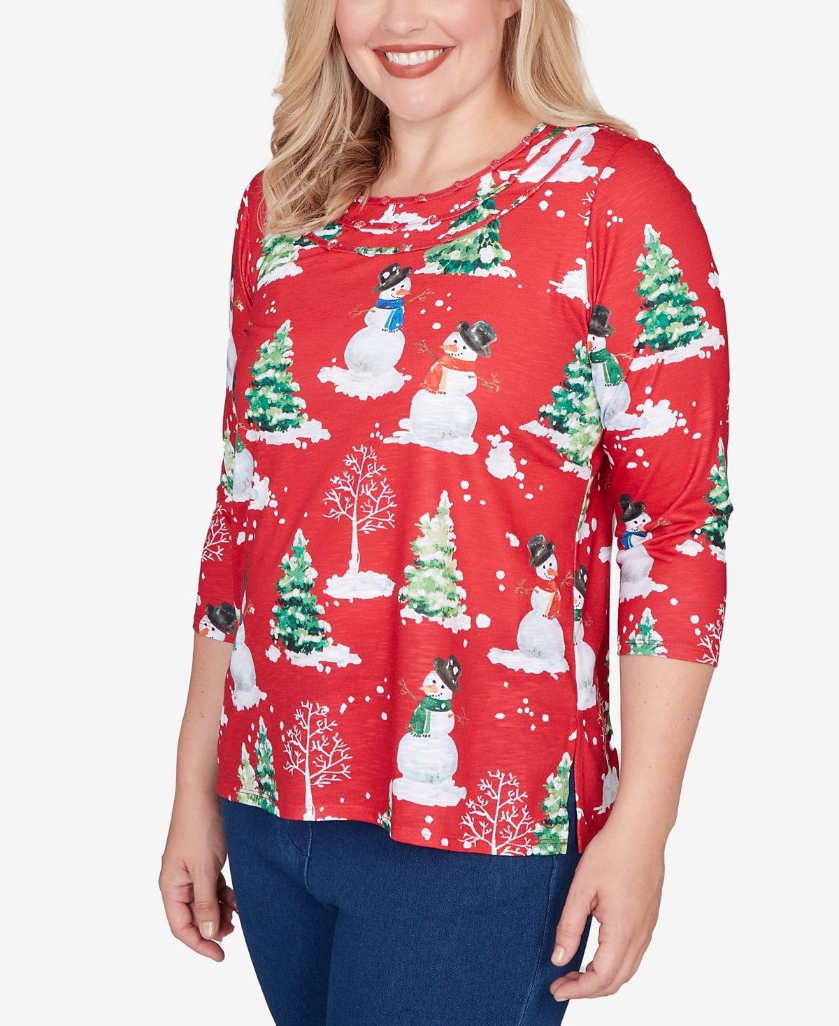 Alfred Dunner Petite Snowmen Print Top In Red