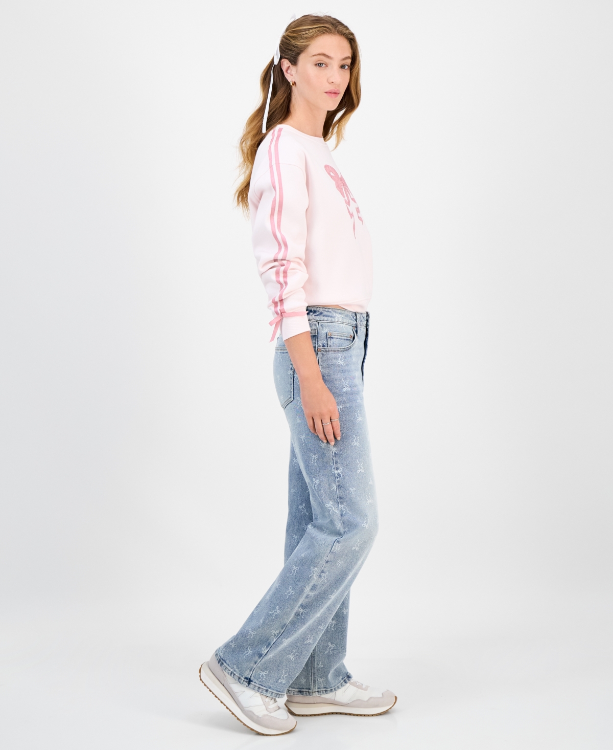 Tinseltown Juniors' Mid-rise Bow-print Baggy Jeans In Blue