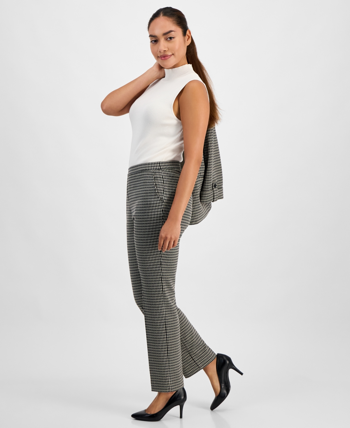 Ak Anne Klein Petite Houndstooth Mid Rise Pull-on Pants In Gray