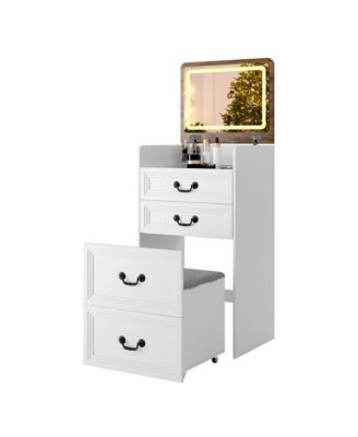 Flip-top vanity desk with mirror and stool.
