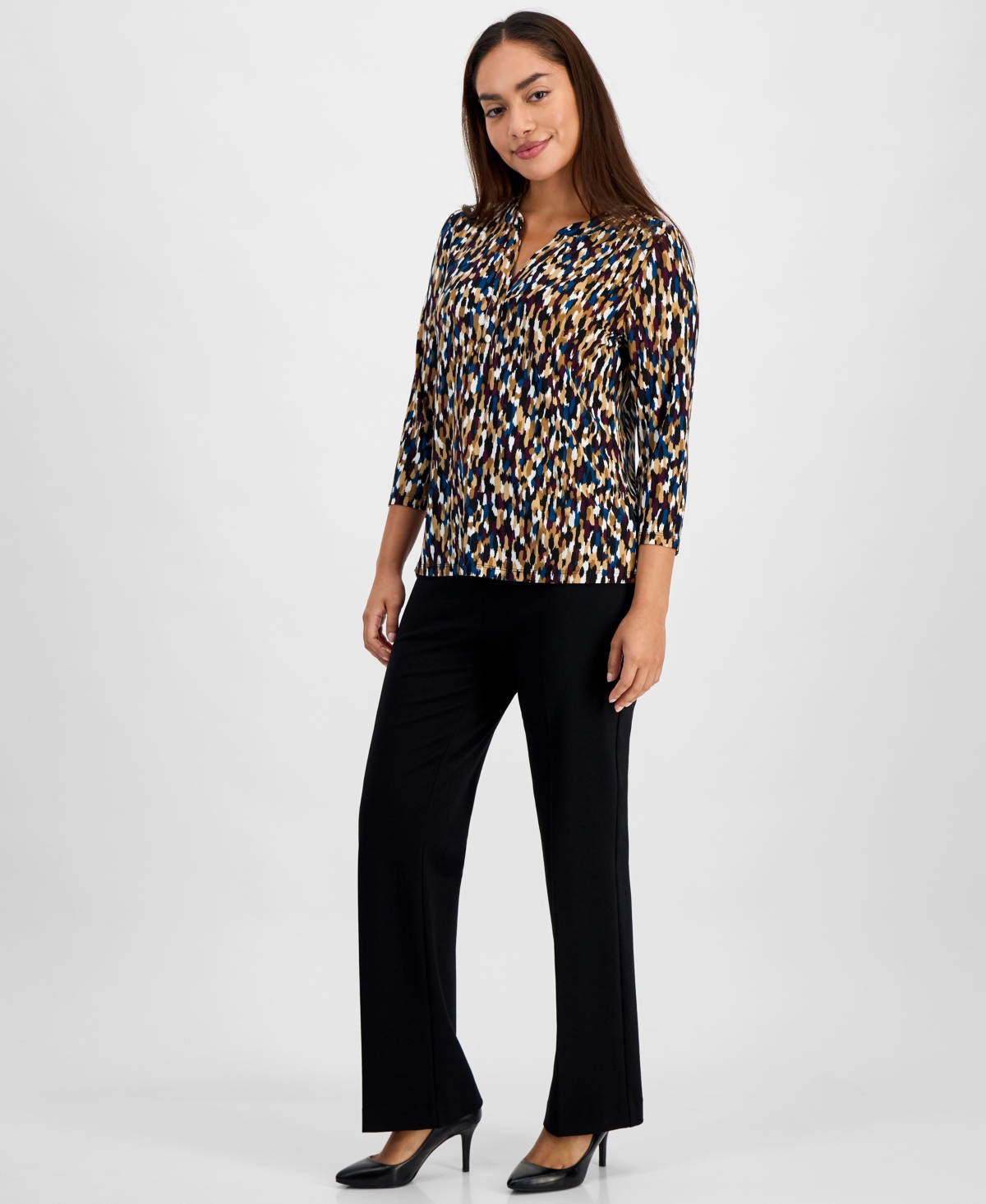 Ak Anne Klein Petite Printed Henley Top In Multi